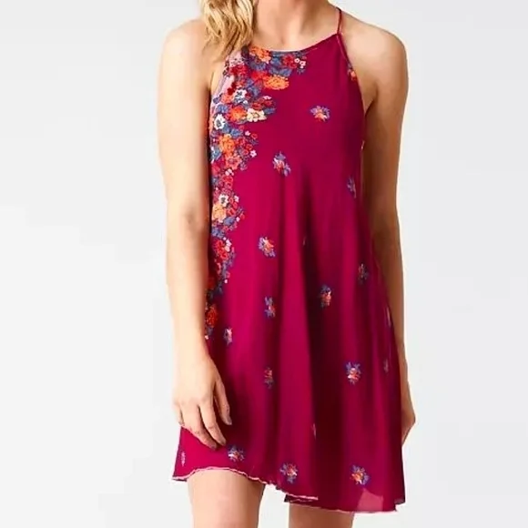 Free People It's a Cinch Magenta Floral Print Tie Back Mini Dress Size Small - Picture 1 of 16